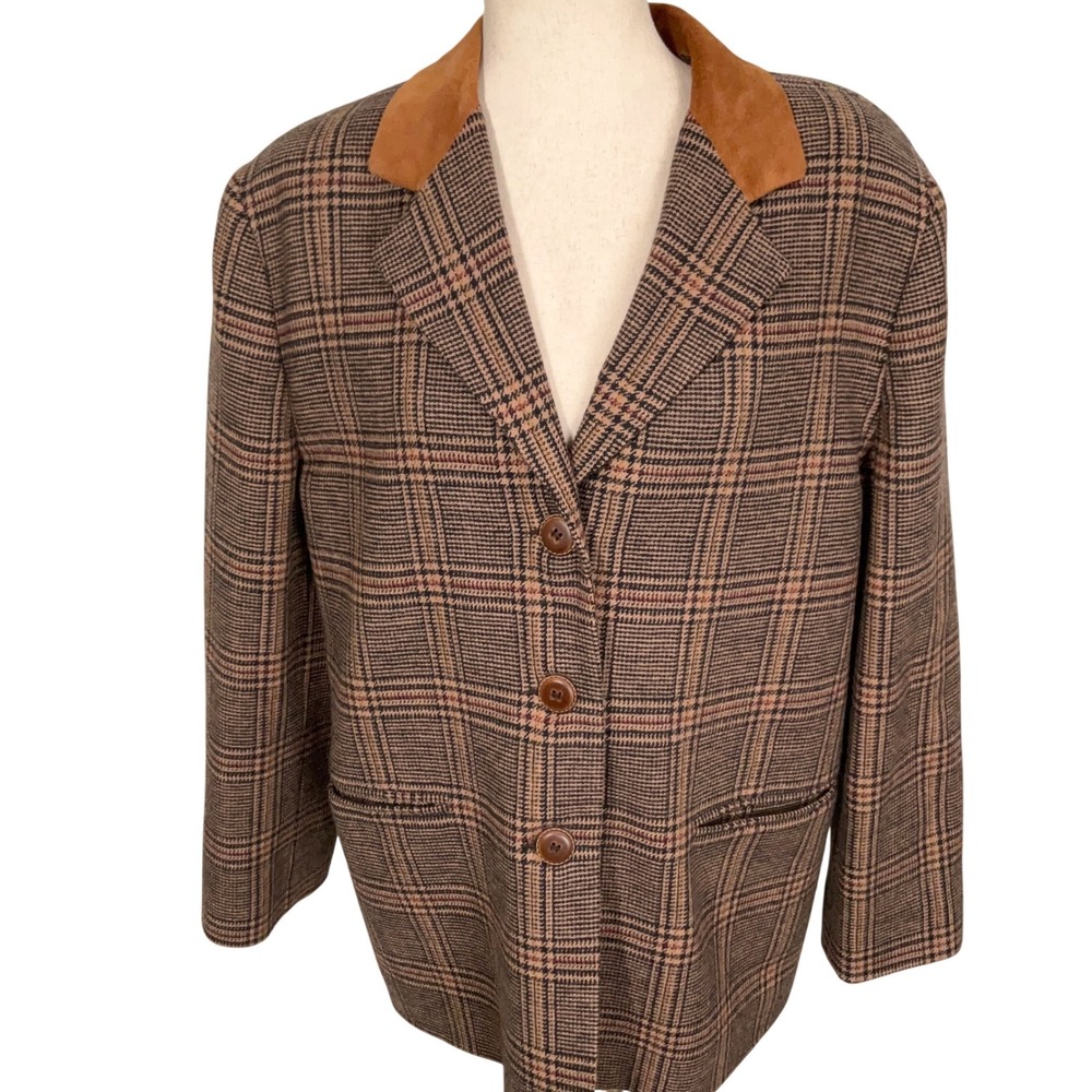 Harve Benard Blazer Womens 14P Brown Plaid Houndstooth Elbow Patches‎ Ukraine